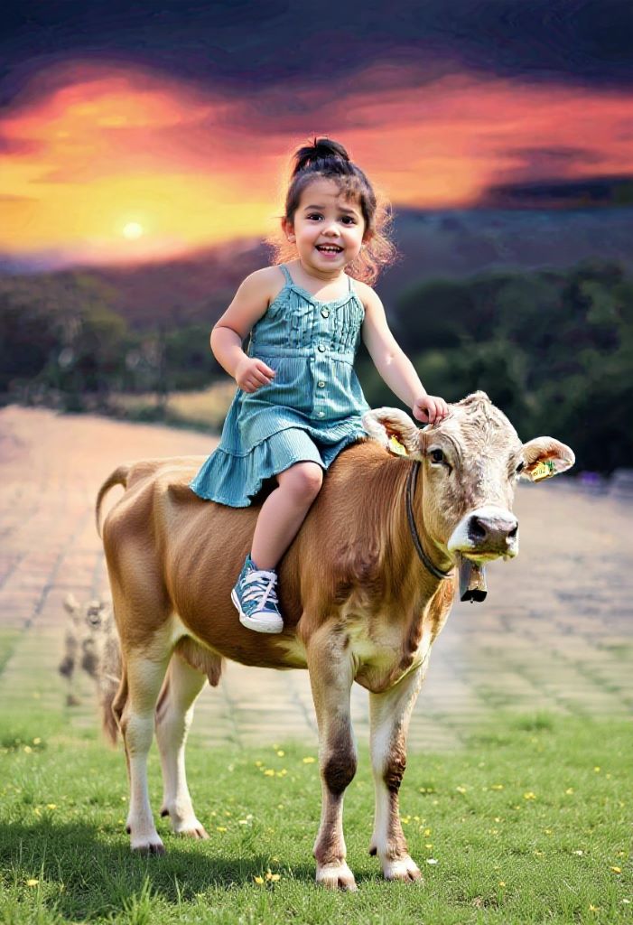 The girl is riding a cow