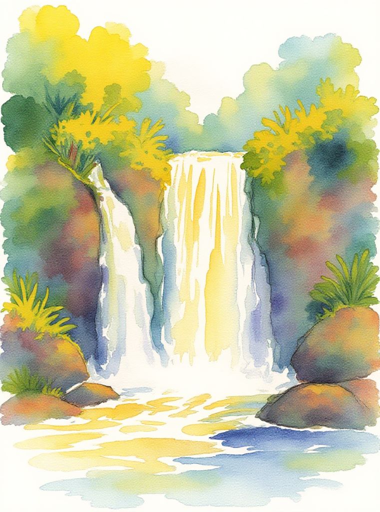 Using this style, create watercolor image of colorful waterfall while maintaining the original style