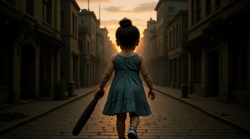 The girl walks with her back turned in a post-apocalyptic city and holding a bat