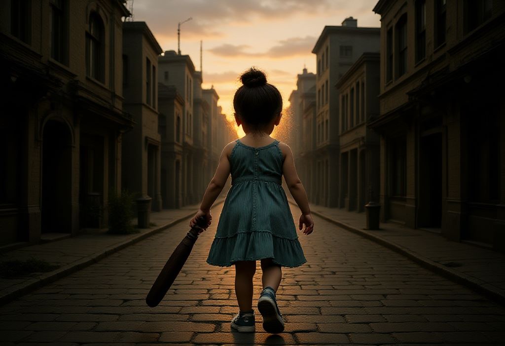 The girl walks with her back turned in a post-apocalyptic city and holding a bat